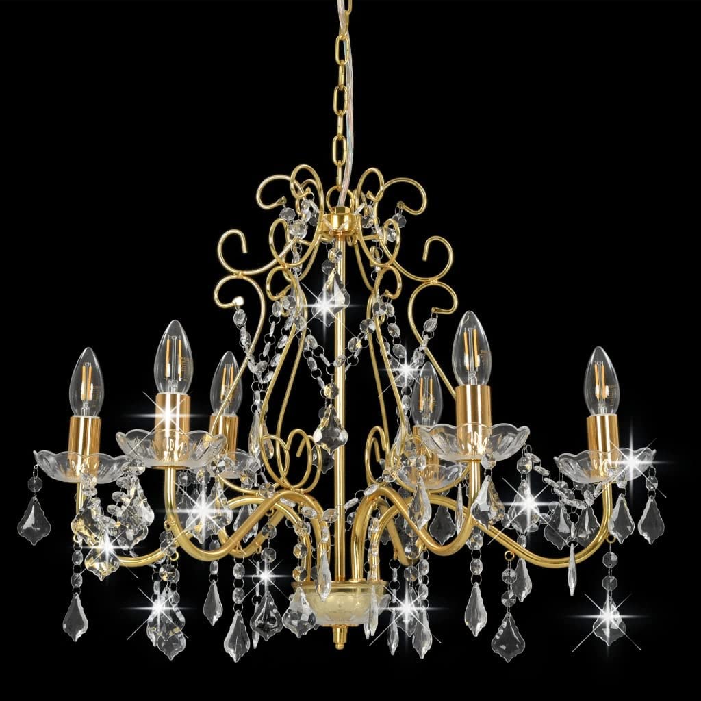 Chandelier with Crystal Beads Living Room Bedroom Lighting Hanging Pendant Lamp Home Decorative Light Display Golden Round 6 x E14