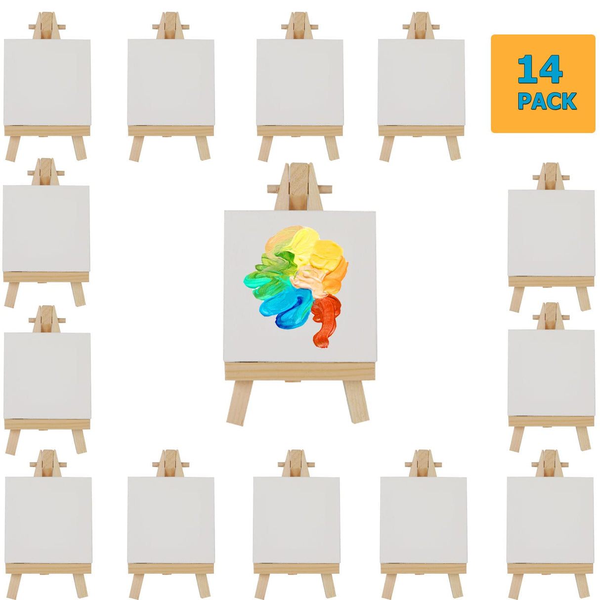 Small Canvases for Painting with Easel Set , Pack of 14 ,4 x 4 Inches Mini Canvas and 14pcs 5" Mini Easel , Small Canvas for Adults Kids Art Supplies, for Acrylic Pouring and Oil Painting