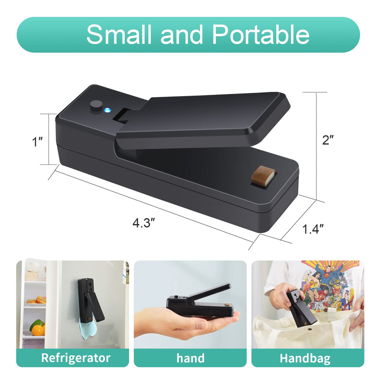 Mini Bag Sealer Heat Seal, Rechargeable Smart Bag Sealers for Plastic Bags, Portable Small Heated Sealer Reseal Bags for Snack Chips, 2 in 1 Portable Bags Sealer Handheld and Cutter, Black