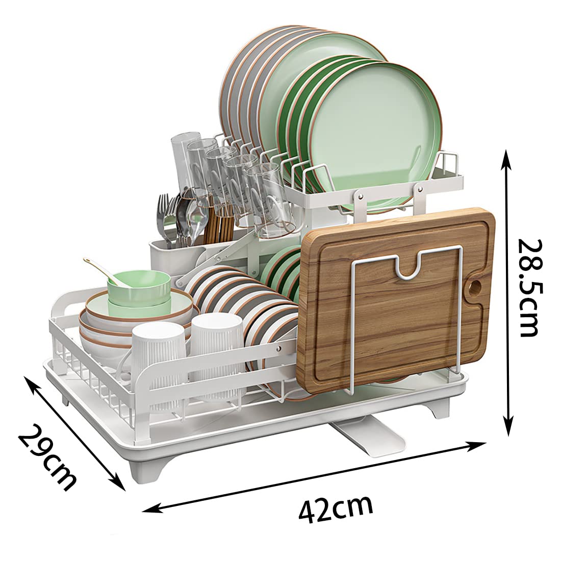 Dish Drying Rack, 2 Tier Large Drying Rack for Kitchen Counter with Drainboard, Multi-Functional Metal Storage Rack with Utensils Holder for Dishes, Bowl, Cups, Cutting Board (White)