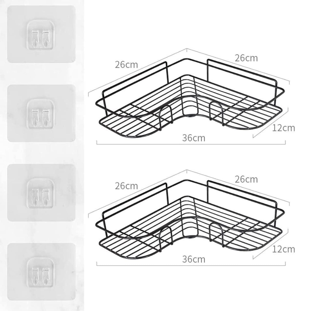 Corner Shower Caddy Shelf Rack Storage, Adhesive No Drilling Bathroom Shower Organizer Shelves, Stainless Steel Rustproof Shampoo Holder with 2 Hooks for Shower & Kitchen Racks Black