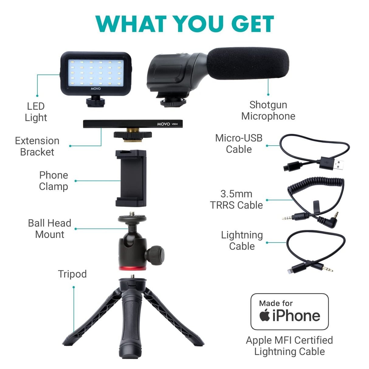 Vlogging Kit for iPhone - Lightning Compatible Video Vlog Kit - Accessories: Phone Tripod, Phone Mount, LED Light and Shotgun Microphone - for YouTube Starter Kit or iPhone Vlogging Kit