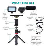 Vlogging Kit for iPhone - Lightning Compatible Video Vlog Kit - Accessories: Phone Tripod, Phone Mount, LED Light and Shotgun Microphone - for YouTube Starter Kit or iPhone Vlogging Kit