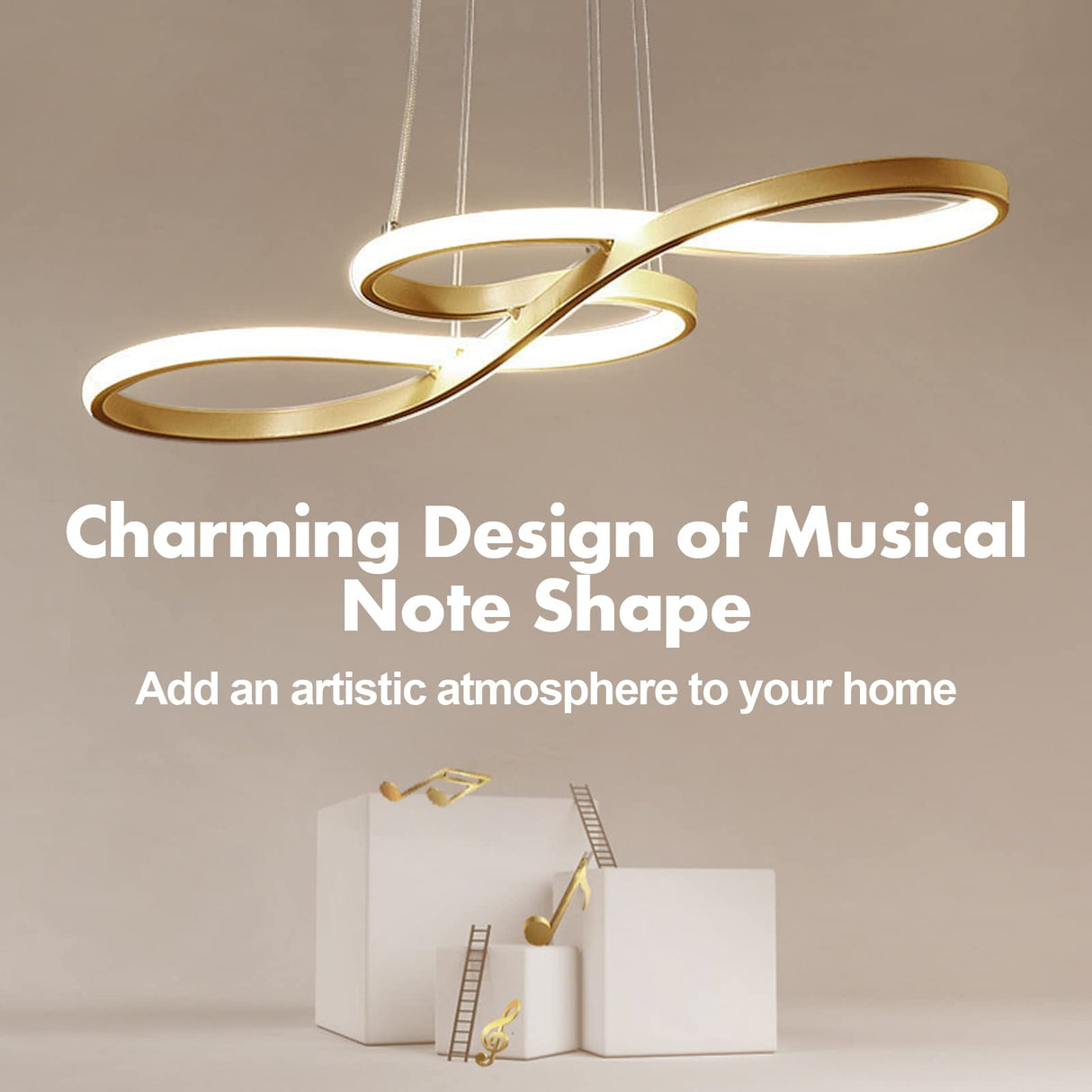 LED Modern Chandelier, Dimmable Pendant Light with Remote Control, Musical Note Shape Chandelier Lighting for Dining Rooms Bedroom Kitchen Restaurant, 100CM, 3000K-6000K, 68W, Gold