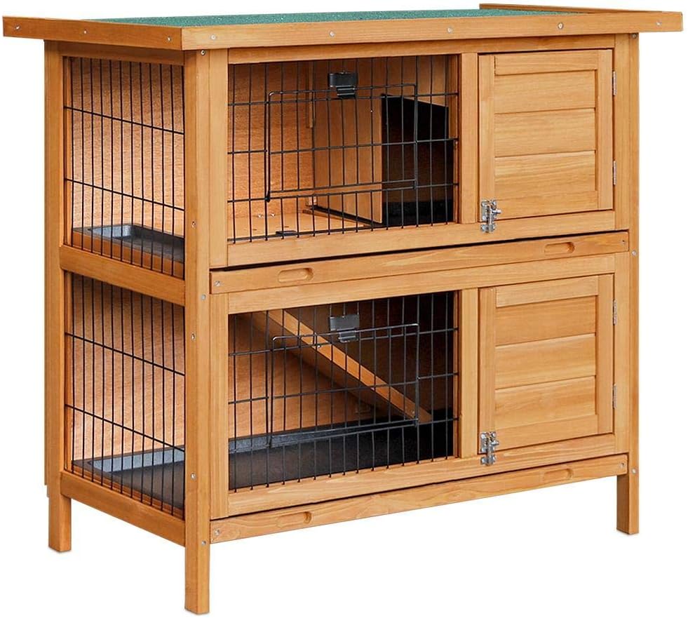 Rabbit Hutch Wooden Chicken Coop, Bunny Cage Rabbits Wood Pet House Run Cages Guinea Pig Ferret, Outdoor Metal Door Roof Weatherproof Farm