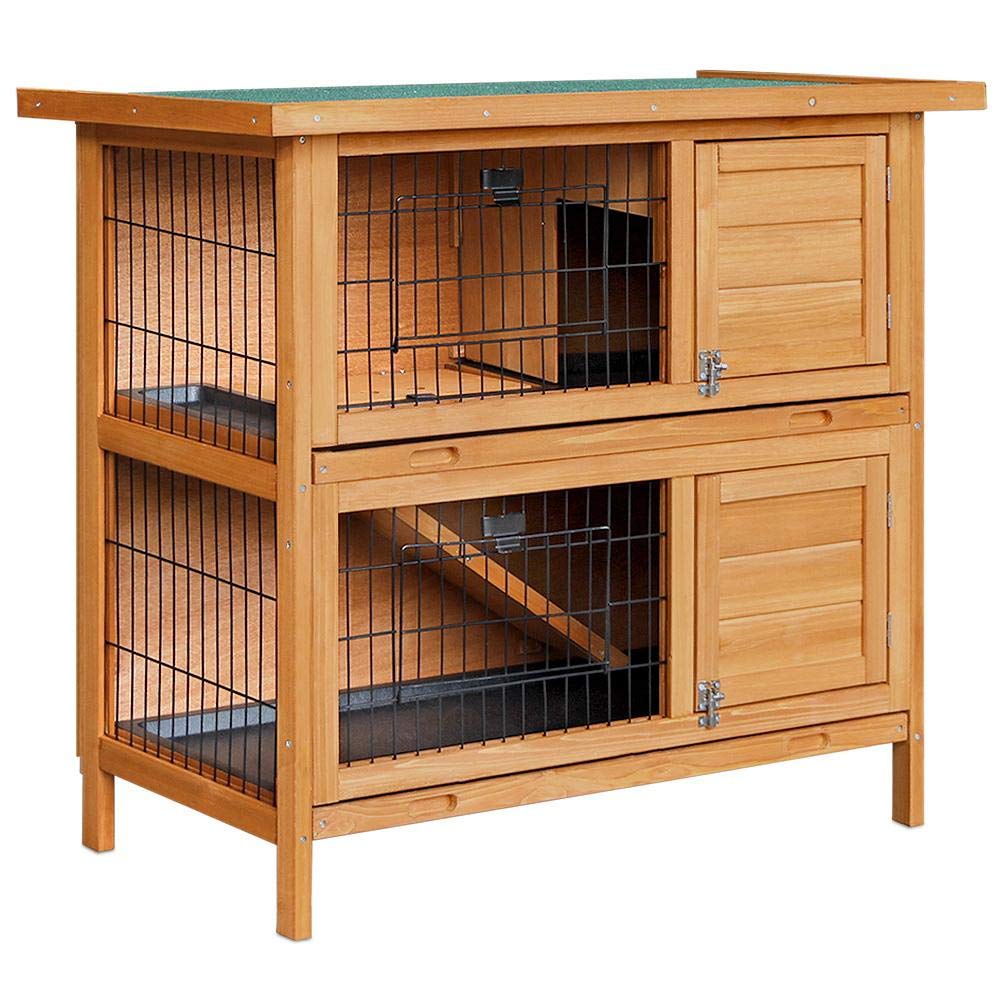 Rabbit Hutch Wooden Chicken Coop, Bunny Cage Rabbits Wood Pet House Run Cages Guinea Pig Ferret, Outdoor Metal Door Roof Weatherproof Farm