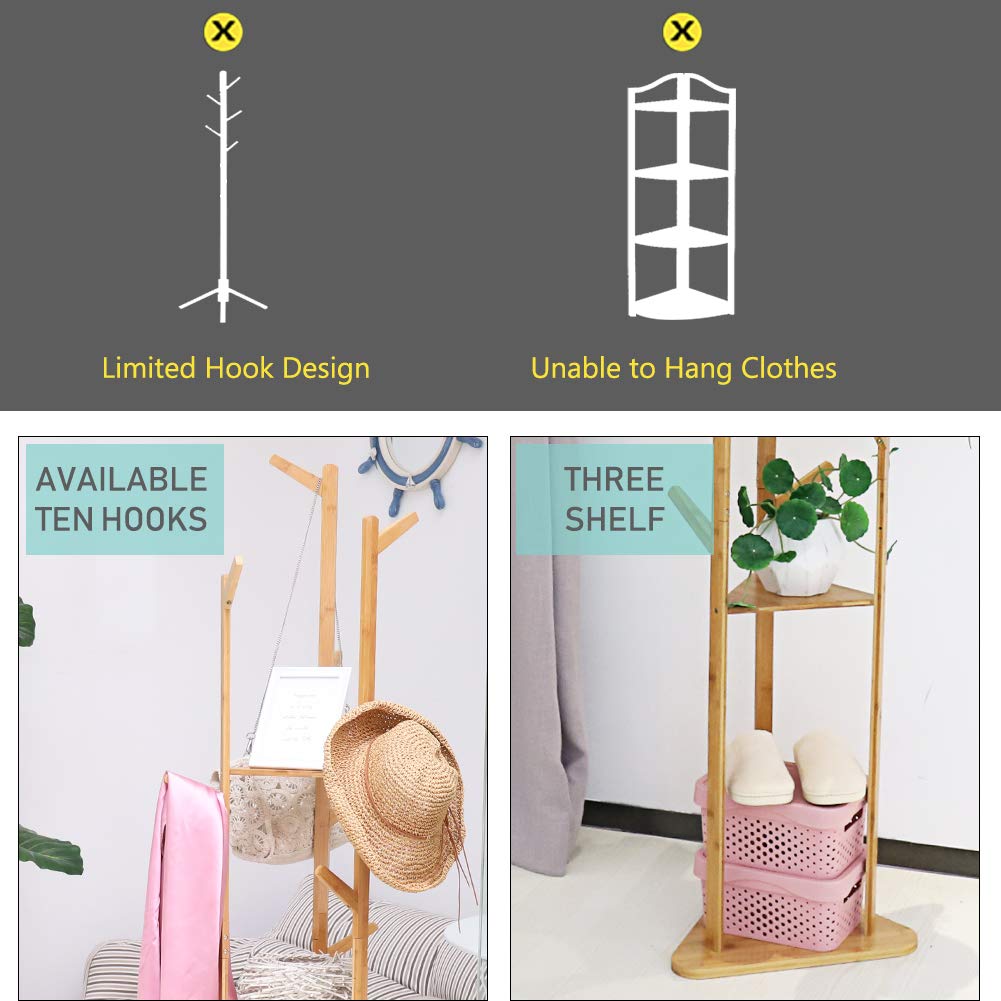 Garment Clothes Coat Rack Stand Wooden Tree Hanger Bag Hat Hook Holder Bamboo