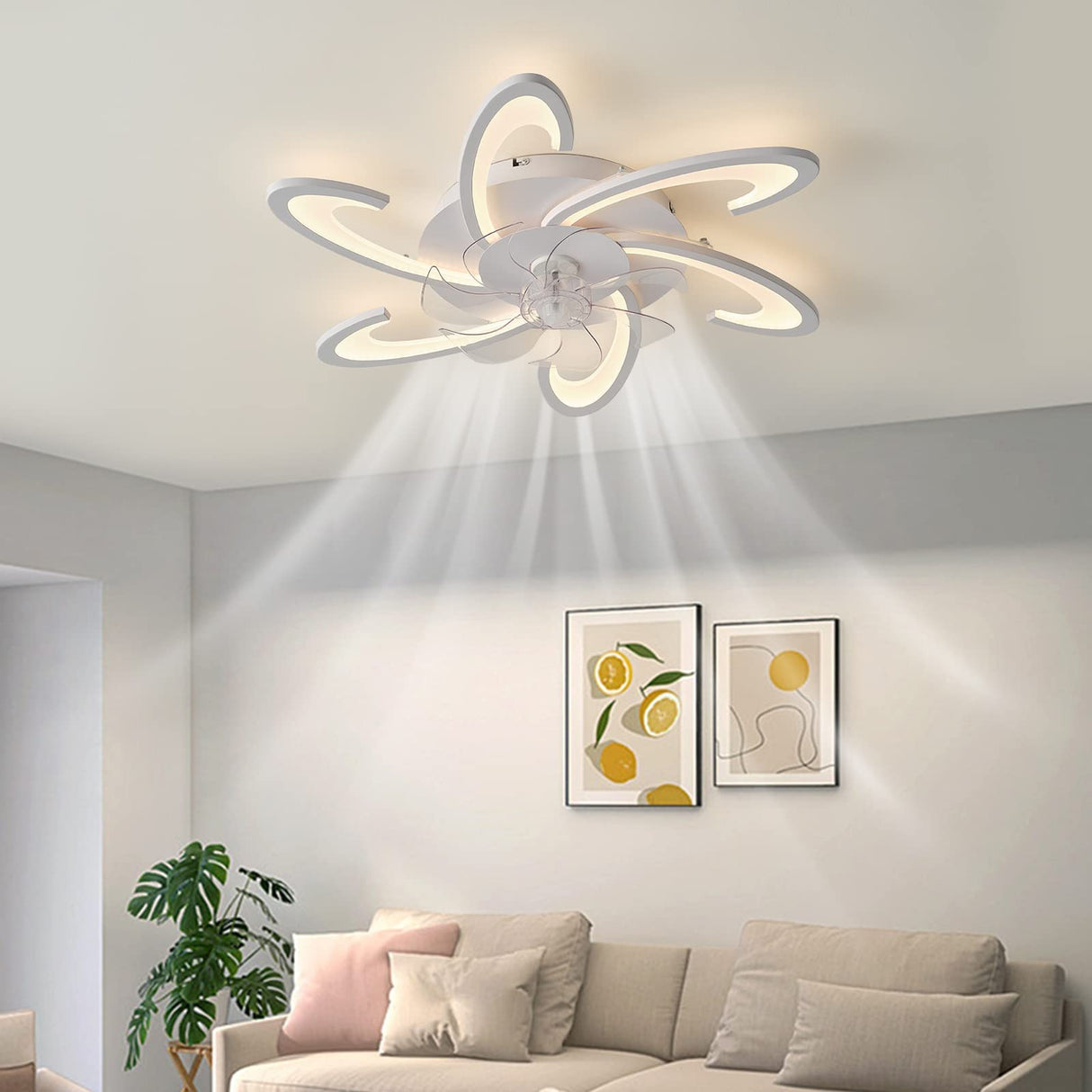 Low Profile Ceiling Fans with Lights and Remote/APP Control,3 Light Color Changes，6 Wind Speed Modes,Flush Mount Ceiling Fan Light,Modern Ceiling Light with Fan for Bedroom/Study/Office 82cm