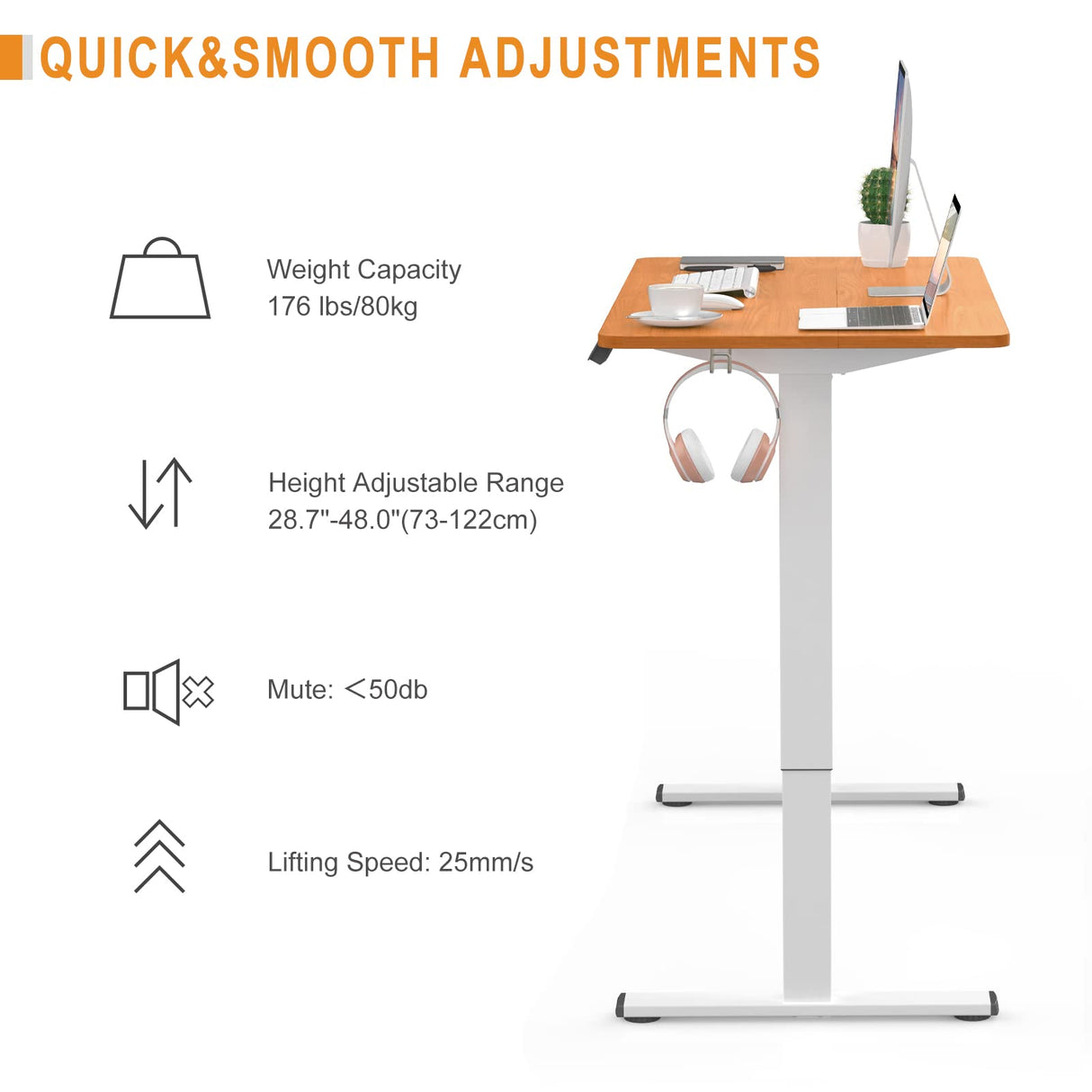 Electric Height Adjustable Standing Desk 110x60cm (43.3"x23.6"), Sit Stand Desk with Splicing Top for Home Office (White Frame + Cherry Desktop)