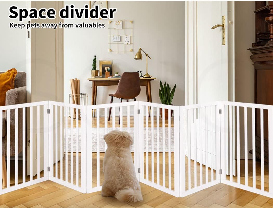 Wooden Pet Gate Dog Fence Retractable Safety Stair Barrier Security Door (White-282cm x 60.5cm x 1.8cm)