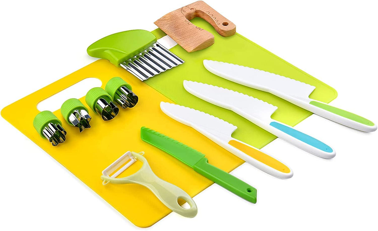 Kids Safe Knife Set -13 Pieces Montessori Kitchen Tools for Toddlers - Kids Cooking Sets, Toddler Knife for Real Cooking with Safe Knives/Crinkle Cutter/Kids Cutting Board/Peeler/Fruit Cutters Shapes