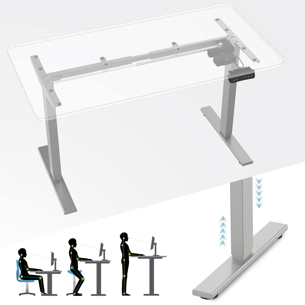 Silver Standing Desk Frame with Memory Smart Controller Height Adjustable Range 28"-45", Width Range 39"-51" Electric Tabletop Riser Standing Desk Motor Converter (Ash Grey Base ONLY)