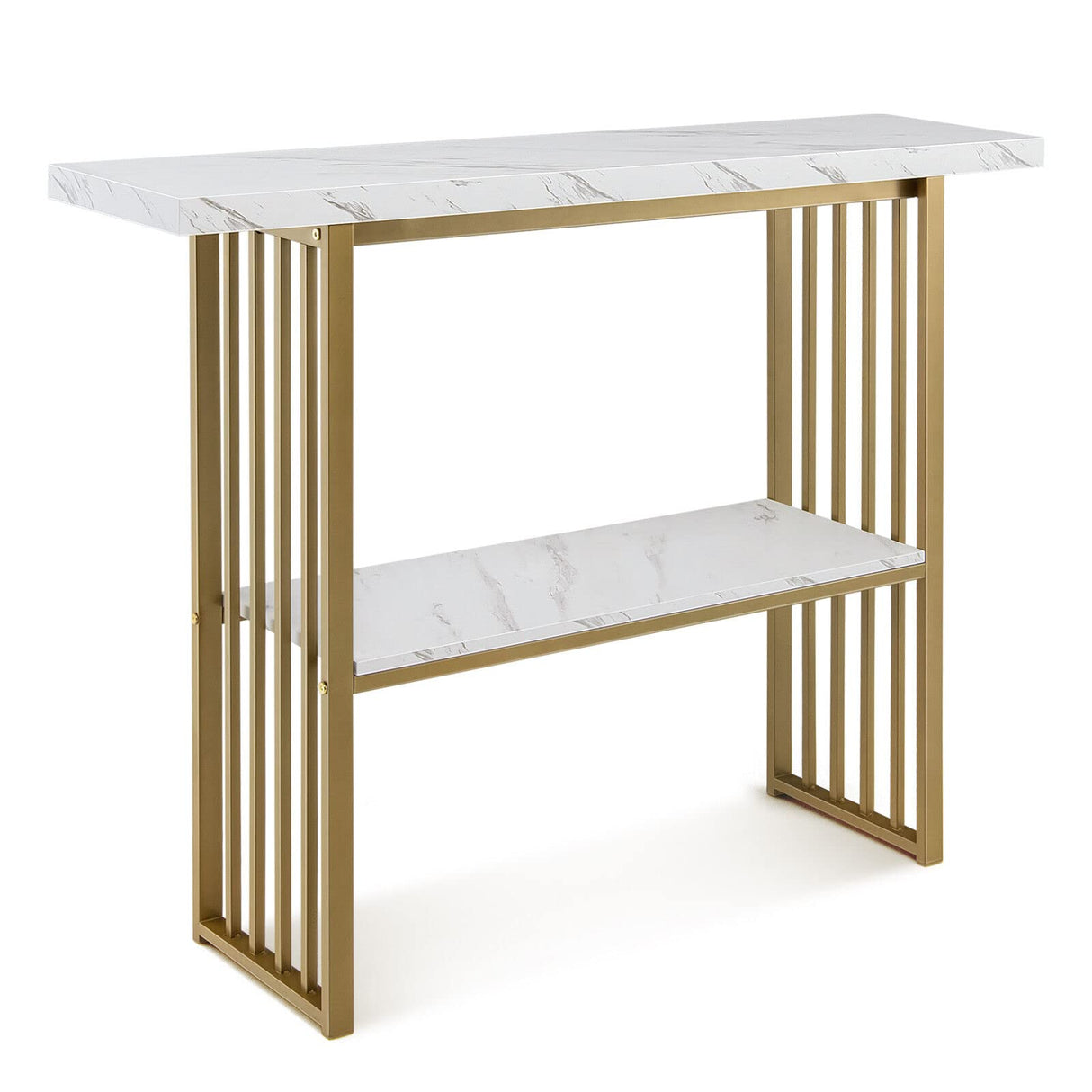 2-Tier Console Table, White Faux Marble Sofa Table w/Open Shelf, Gold Steel Frame, Modern Entryway Table Compact Rectangular Foyer Table, Narrow Couch Table for Living Room, Hallway