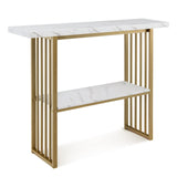 2-Tier Console Table, White Faux Marble Sofa Table w/Open Shelf, Gold Steel Frame, Modern Entryway Table Compact Rectangular Foyer Table, Narrow Couch Table for Living Room, Hallway