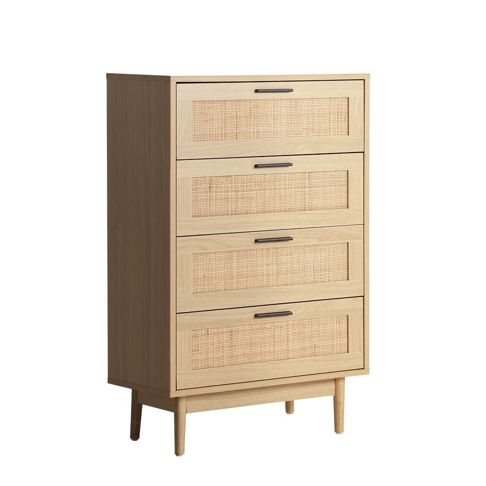 Chest of Drawers 4 Drawer Rattan Tallboy, Dresser Clothes Storage Cabinet Organizer Lowboy Bedside Table Bedroom Furniture Home Living Room Hallway Entryway