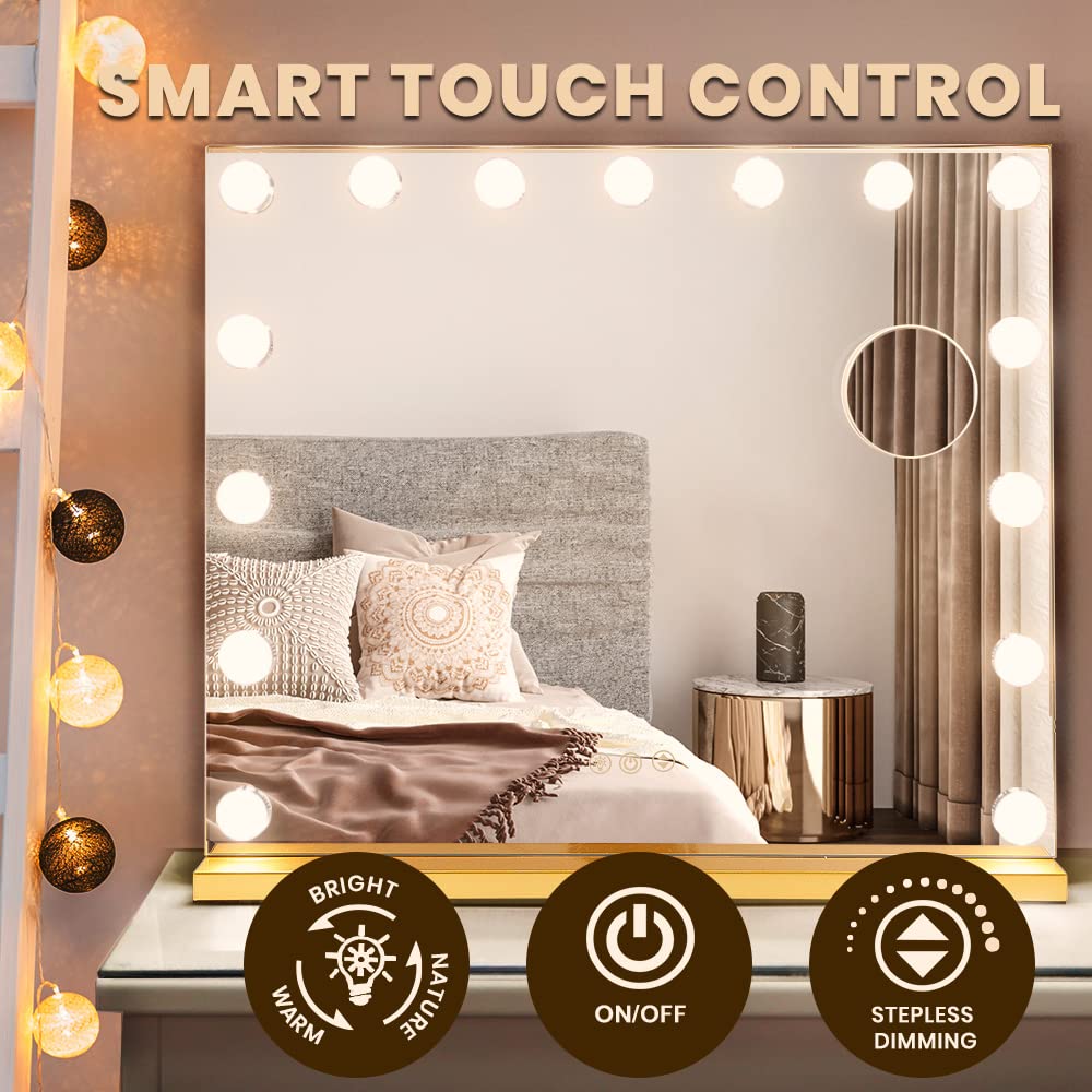 Hollywood LED Mirrors Vanity Makeup Mirror with Lights Stand Wall Mounted, Smart Touch Control Screen, 15 Dimmable LED Light Stable Base Gold, 60x52cm