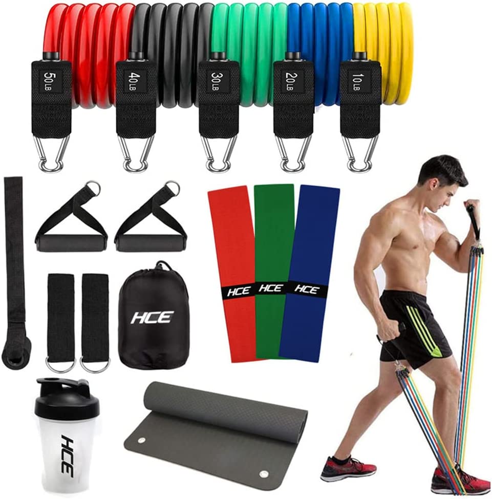 Resistance Bands Set with Handles - Exercise Resistance Bands Training Tubes with Handles, Ankle Straps, Door Anchor, Exercise Mat, Shaker Bottle,Carry Bag