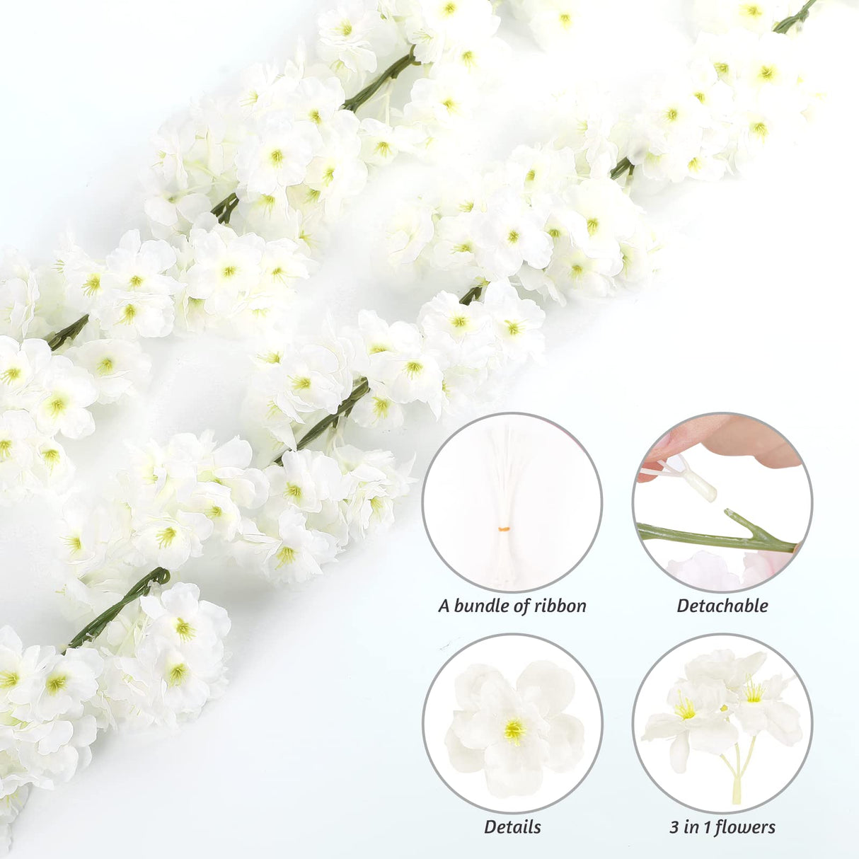 Boutique 4-Pack 23.6Ft Cherry Blossom Garland Cherry Blossom Hanging Vine Silk Sakura Vines Garland for Wedding Party Decor , White