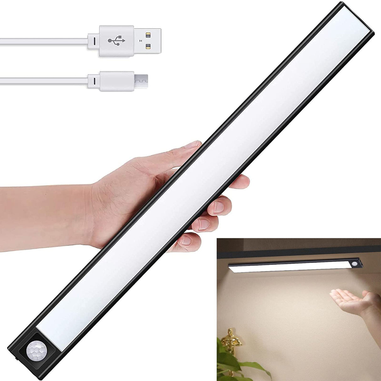 Closet Lights, 40cm LED Under Cabinet Lighting, 69-LED 6000K Wireless Motion Sensor Night Light to Anywhere USB Rechargeable, with Large Capacity Battery Operated for Kitchen/Hallway/Stairs/Wardrobe