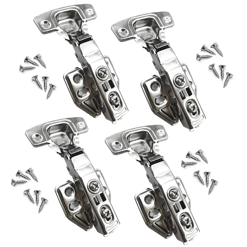 4 Pcs Cabinet Hinge Kitchen Cupboard Hinge Set Stainless Steel Soft Close Furniture Concealed Wardrobe Door Hinges Full Overlay Hinges with Mounting Screws for Home Improvement