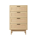 Chest of Drawers 4 Drawer Rattan Tallboy, Dresser Clothes Storage Cabinet Organizer Lowboy Bedside Table Bedroom Furniture Home Living Room Hallway Entryway