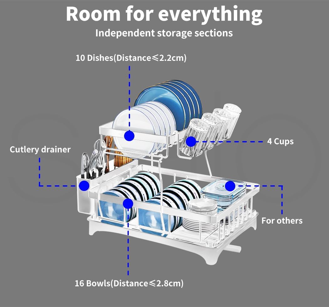 Detachable Dish Drying Rack Cutlery Drainer Utensiles Organizer Cup Kitchen Storage Drainage Board 2 Tier White