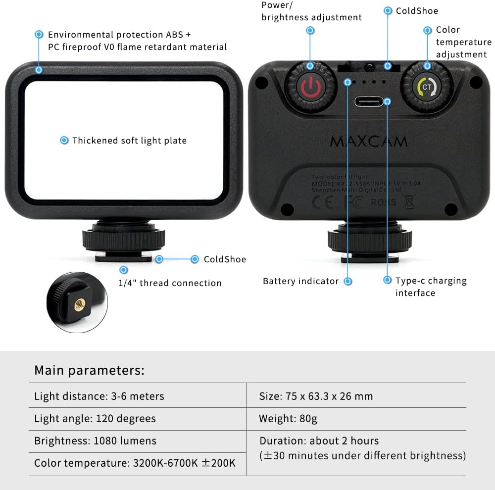 Bi-Colour LED Video Light on Camera Accessory kit Bundle Includes LED Filling Light and Phone Clip, Lighting Duration 2 Hours, dimmable 3200 K - 6700 K and Brightness 1080 lumens