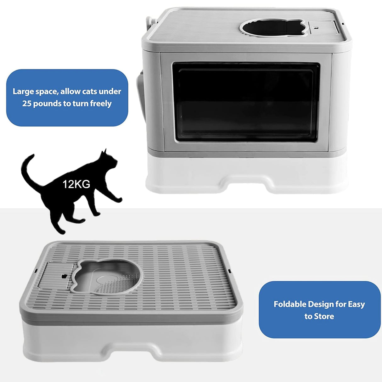 Cat Litter Box, Extra Large Litter Box, Foldable Top Exit Pet Boxes, Anti-Splashing Cat Kitty Litter Pan Easy Cleaning and Scoop | with Cat Litter Mat Litter Scoop Nail Clippers Pet Lint Roller