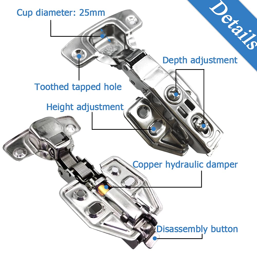 4 Pcs Cabinet Hinge Kitchen Cupboard Hinge Set Stainless Steel Soft Close Furniture Concealed Wardrobe Door Hinges Full Overlay Hinges with Mounting Screws for Home Improvement