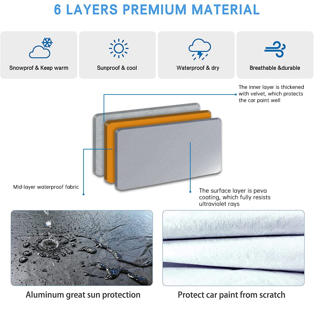 6 Layers Car Cover Waterproof All Weather, Outdoor Car Covers for Automobiles with Zipper Door, Hail UV Snow Wind Protection, Universal Full Car Cover