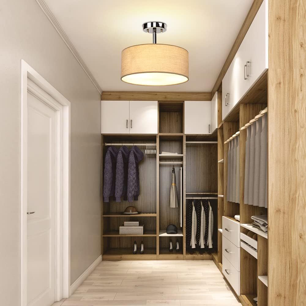 Modern Semi Flush Ceiling Light Fixture, 3-Light Fabric Ceiling Drum Lights for Bedroom, E27 Entry Light Fixtures Ceiling Hanging for Dining Room Kitchen Hallway Foyer Living Room, Grey Finish