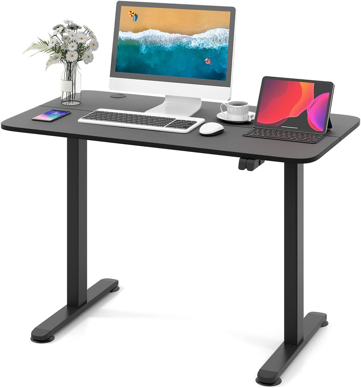 Electric Standing Desk, Ergonomic Stand Computer Desk, Built-in Cable Management Hole, Button Controller, Home Office Height Adjustable Computer Workstation, Anti-Collision Design