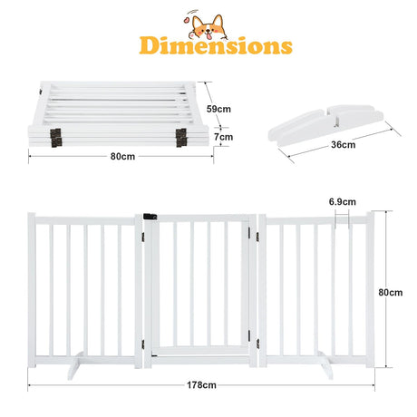 Freestanding Dog Gates with Walk Over Door,Pet Dog Gate Wooden,Foldable Dog Fence Pet Gate Puppy Safety Guard,Indoor Pet Playpen Cat Barrier Protection Net Stair Partition,White with 3 Panels