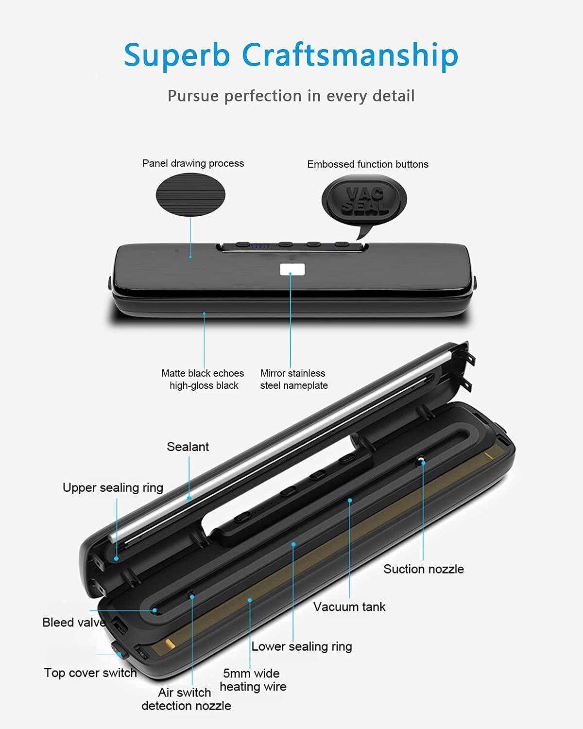 Vacuum Sealer Machine, Automatic Food Sealer With Air Sealing System, Dry & Moist Modes, Led Indicator Light, Food Vacuum Sealer for Food Preservation,package with 15 Pack Vacuum Sealer Bags