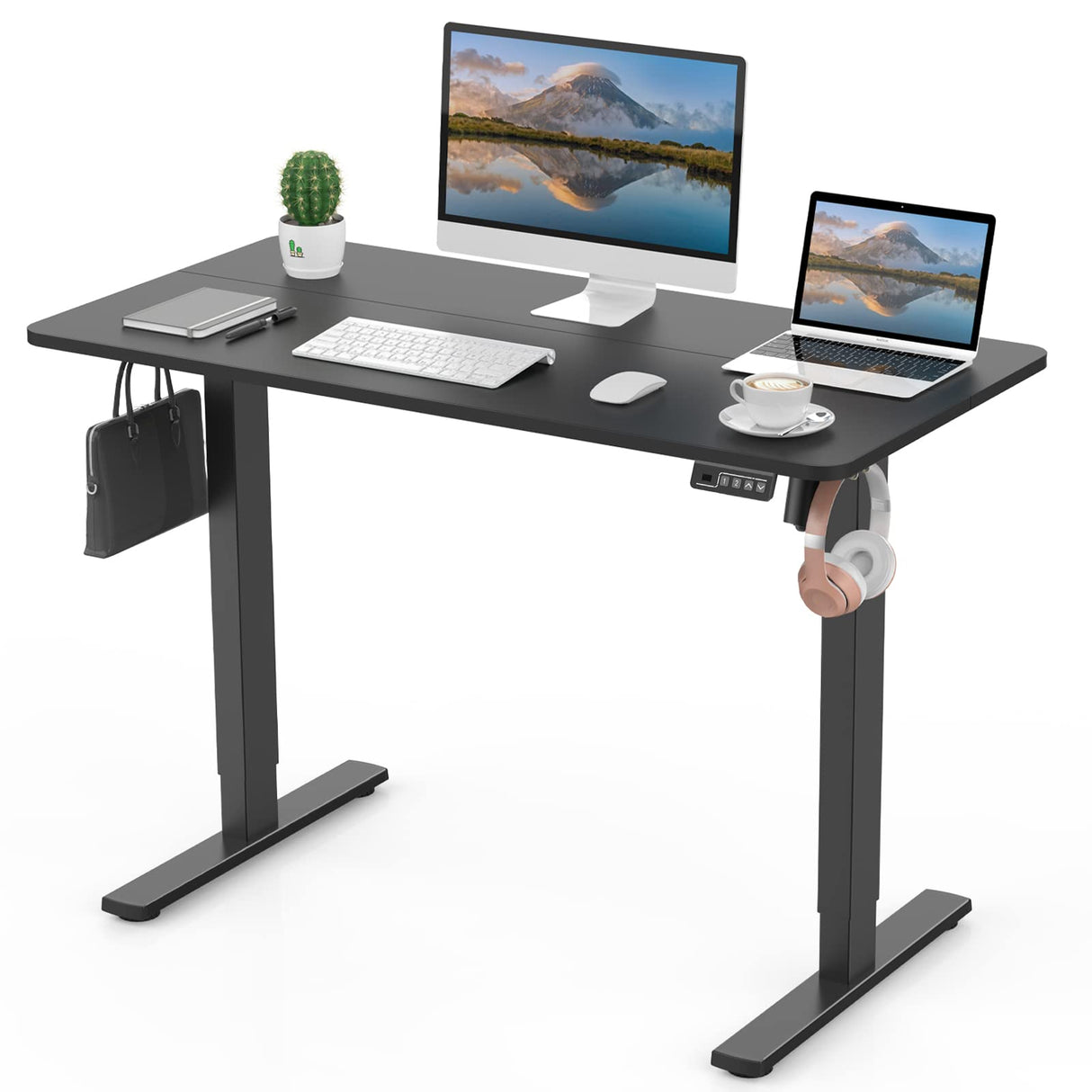 Electric Height Adjustable Standing Desk 110x60cm (43.3"x23.6"), Sit Stand Desk with Splicing Top for Home Office (Black Frame + Black Desktop)