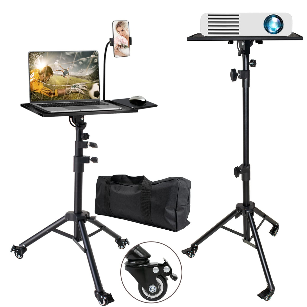 Universal Projector Stand Bracket with Wheels- - Laptop Tripod Adjustable Height 28.5 to 73 Inch with Removable Mouse Tray and Phone Holder, DJ Racks ，Outdoor Movies or Computer Desk Stand