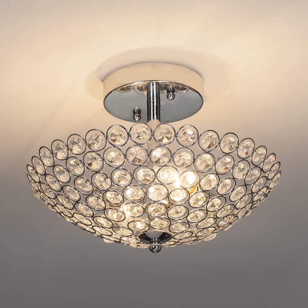 Depuley Modern Crystal Ceiling Light Fixture, 2-Light Crystal Semi Flush Mount Ceiling Light, Modern Crystal Chandelier Lighting for Bedroom, Entryway, Foyer, Hallway, Dining Room, Chrome Finish E14