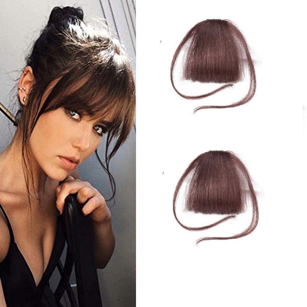 Thin Neat Air Bangs Clip in Hair Extensions Front Neat Bang Fringe One Piece Striaght Hairpiece Accessories (With Sideburn, Dark Brown)