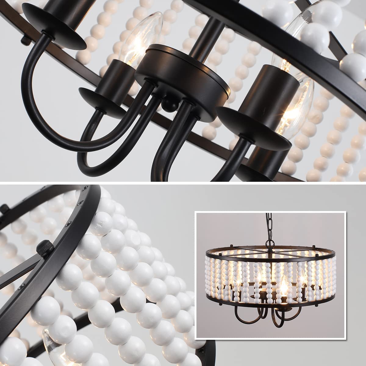 Chandelier Light Fixture, 4-Lights Wood Bead Chandeliers, Adjustable Height Modern Farmhouse Pendant Lights for Living Room Dining Room Bedroom Kitchen Island, E14 Base, Dia 17.7 Inch