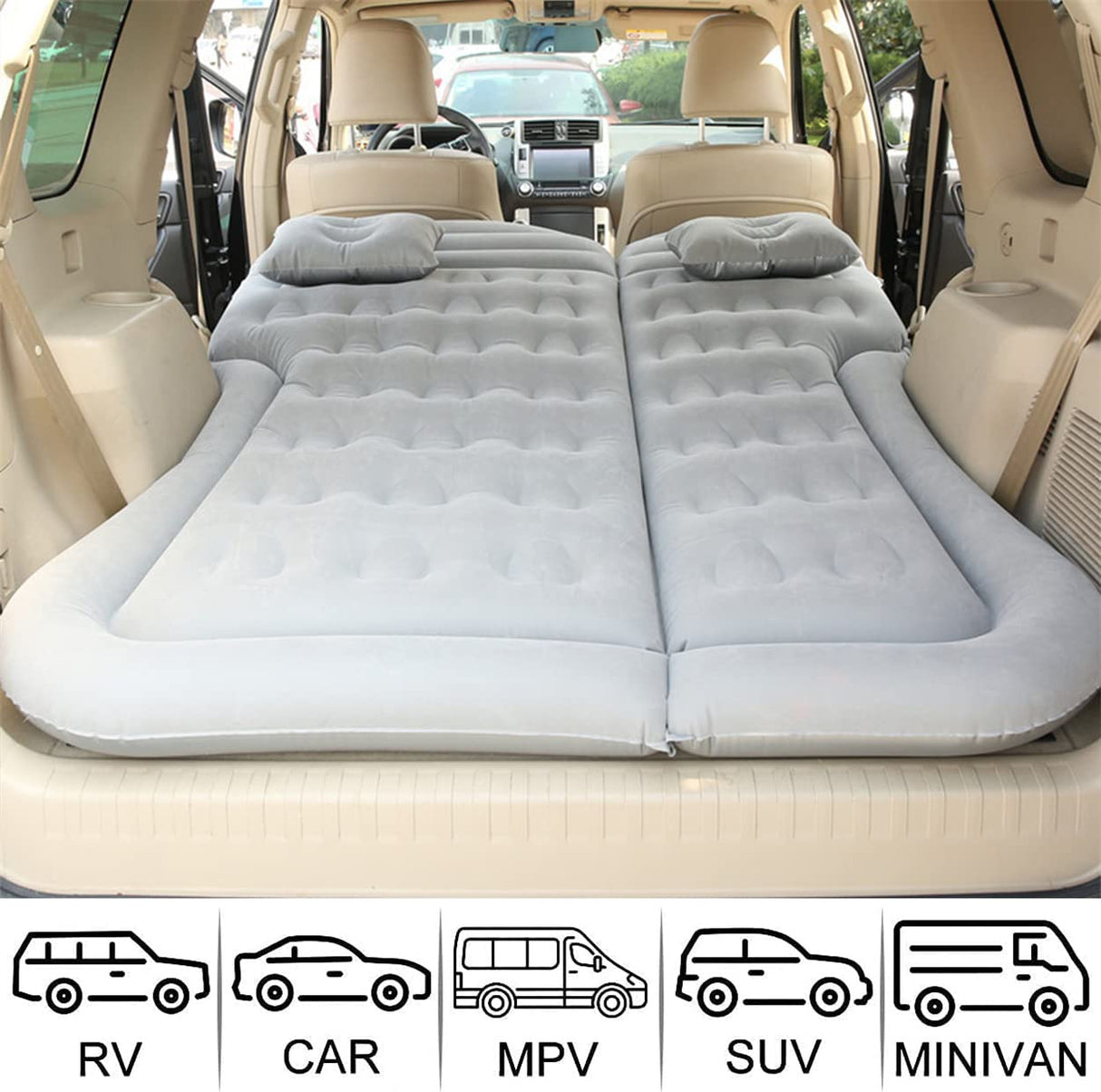 SUV Air Mattress Camping Bed Cushion Pillow - Inflatable Thickened Car Air Bed with Electric Air Pump Flocking Surface Portable Sleeping Pad for Travel Camping Upgraded Version (Gray)