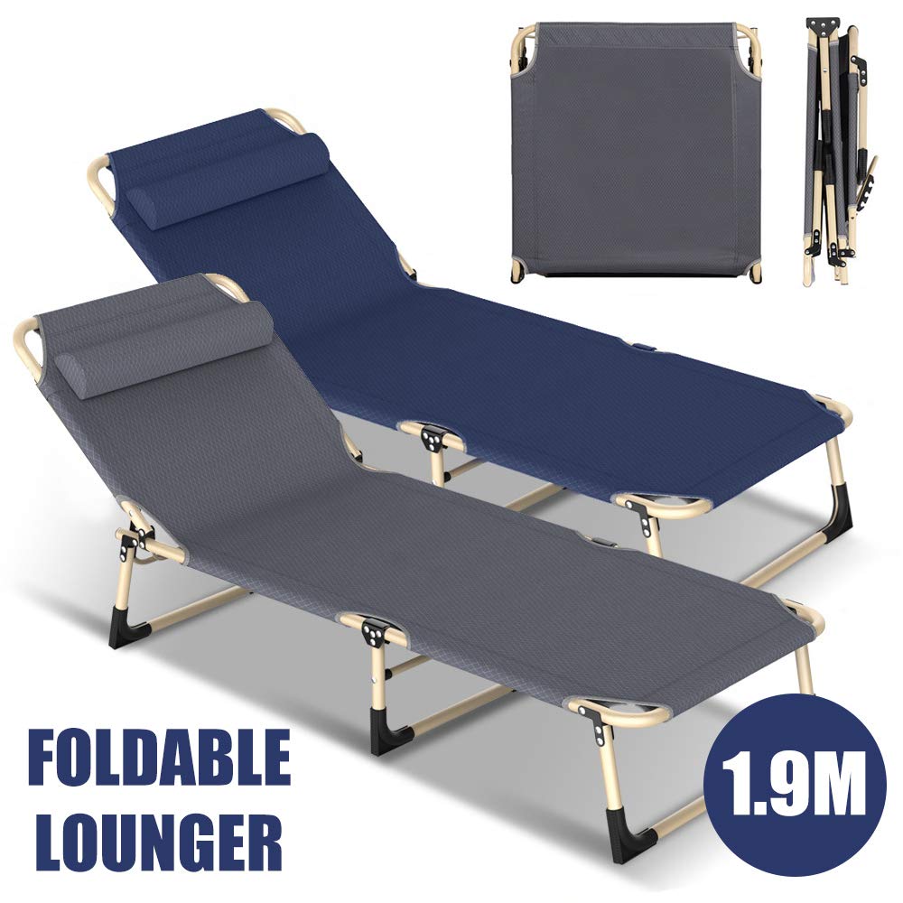 Folding Camping Lounger, Convertible Lounge-Recliner, 4 Position Adjustable Bed, Steel Tube Frame, 600D Oxford Fabric, Removable Pillow, Support Up to 300 Pounds