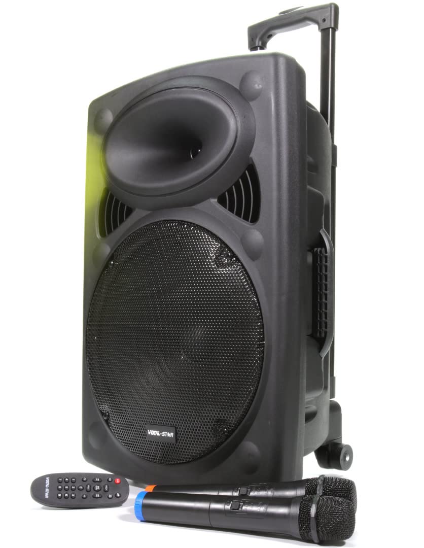 Portable PA Speaker System with Bluetooth, MP3, AUX, Music Equaliser, Karaoke Machine, Records Vocals, 300w 12" Woofer & 2 Wireless Microphones (P120)