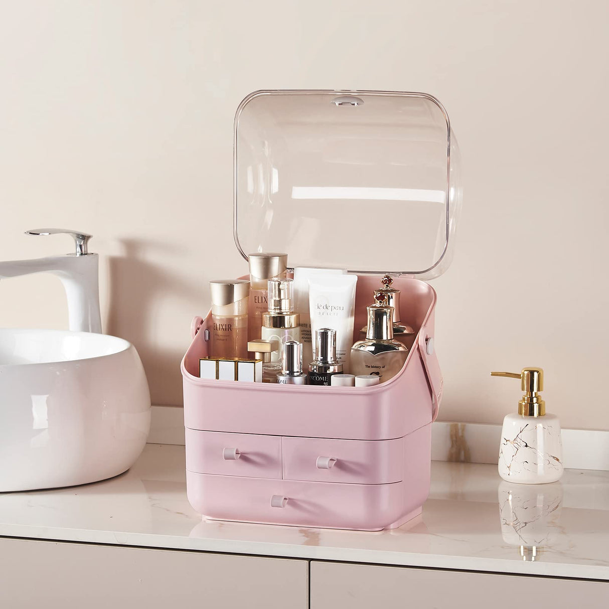 Pink Makeup Organizer Holder Cosmetic Storage Box with Dust Free Cover Portable Handle,Fully Open Waterproof Lid, Dust Proof Drawers,Great for Bathroom Countertop Bedroom Dresser