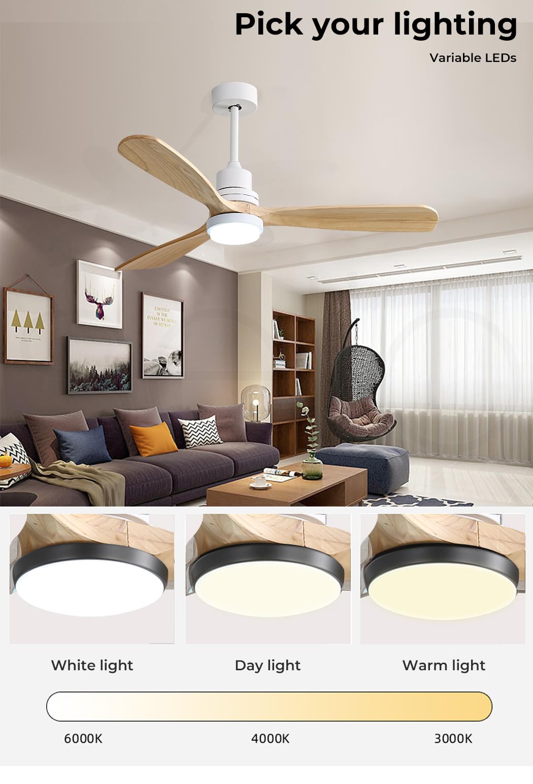 Ceiling Fan 52'' DC Motor with Light LED Remote Control 5 Speed Walnut Wood Blades Reversible for Summer Winter Black