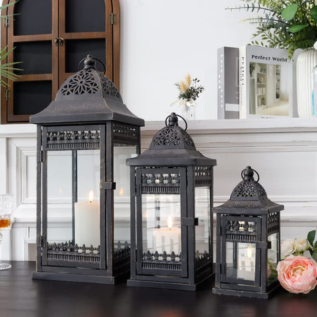 Set of 3 Decorative Candle Lanterns 9.5"&14.5"&20" High Vintage Style Hanging Lantern, Metal Candleholder for Indoor Outdoor, Events, Parities and Weddings（Black with Gold Brush）