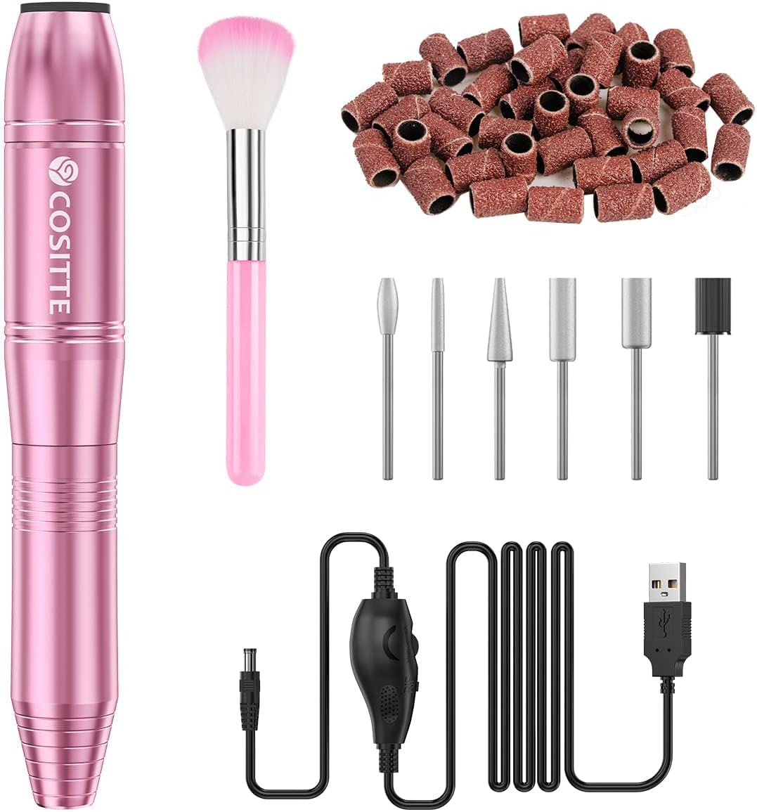 Electric Nail Drill, USB Electric Nail Drill Machine for Acrylic Nails, Portable Electrical Nail File Polishing Tool Manicure Pedicure Efile Nail Supplies for Home and Salon Use, Pink