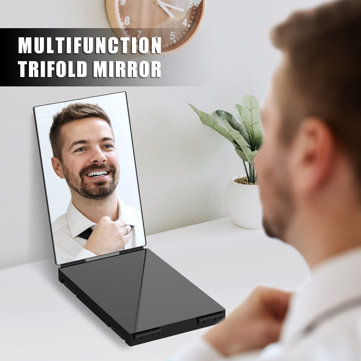 3 Way Makeup Mirror with 10X Magnified Mirror, Trifold 3 Way 360 Mirror for Cutting Hair | 3 Mirror Selfcut System- Portable DIY Haircut Tool (Black)