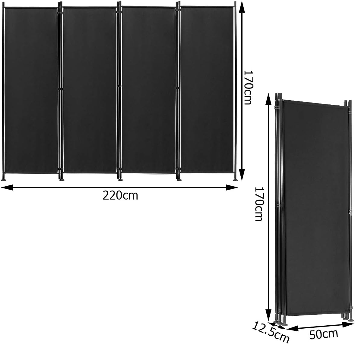 4-Panel Room Divider, Folding Privacy Screen, Portable Fabric Wall Divider and Separator w/Steel Frame, Indoor & Outdoor Freestanding Privacy Protection for Home, Office, Patio (Black)