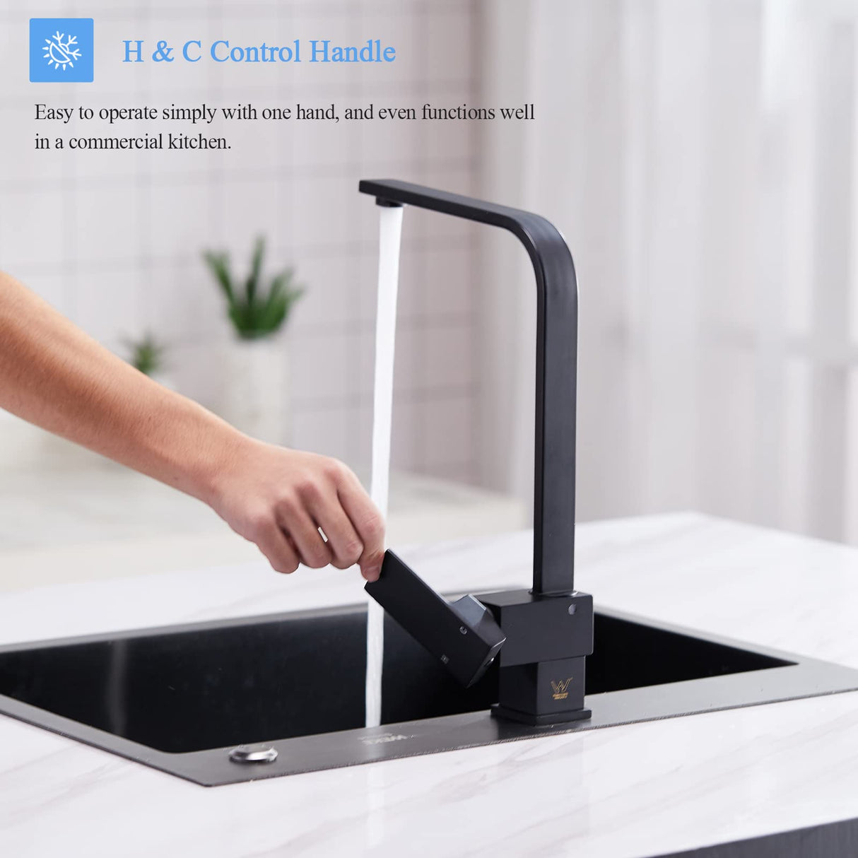 Square Black Kitchen Tap 360° Swivel Spout Hot and Cold Switch Kitchen Sink Tap Mixer Brass Faucet WELS Watermark