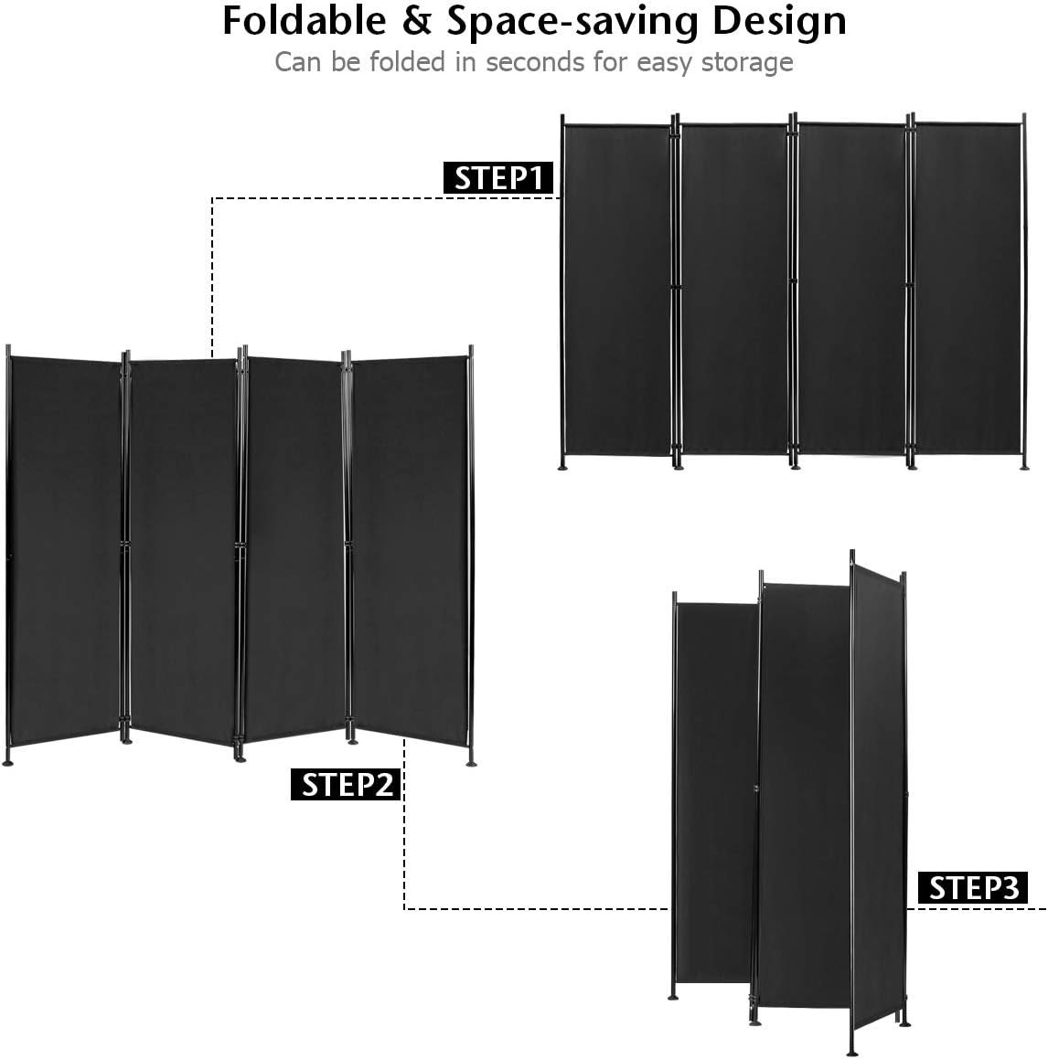 4-Panel Room Divider, Folding Privacy Screen, Portable Fabric Wall Divider and Separator w/Steel Frame, Indoor & Outdoor Freestanding Privacy Protection for Home, Office, Patio (Black)